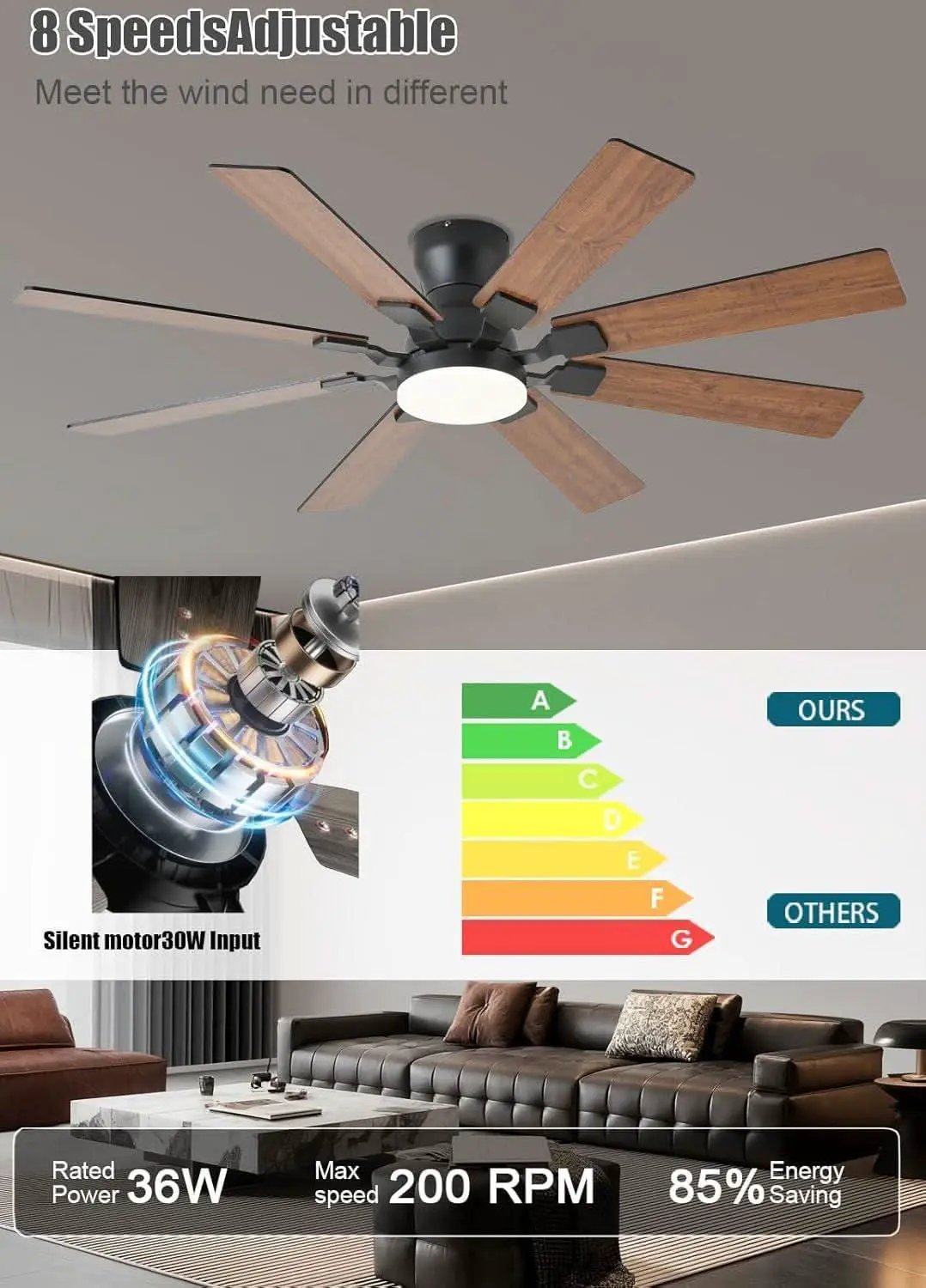52 Inch Ceiling Fan With Light Remote App Control Brown from PriceLows™
