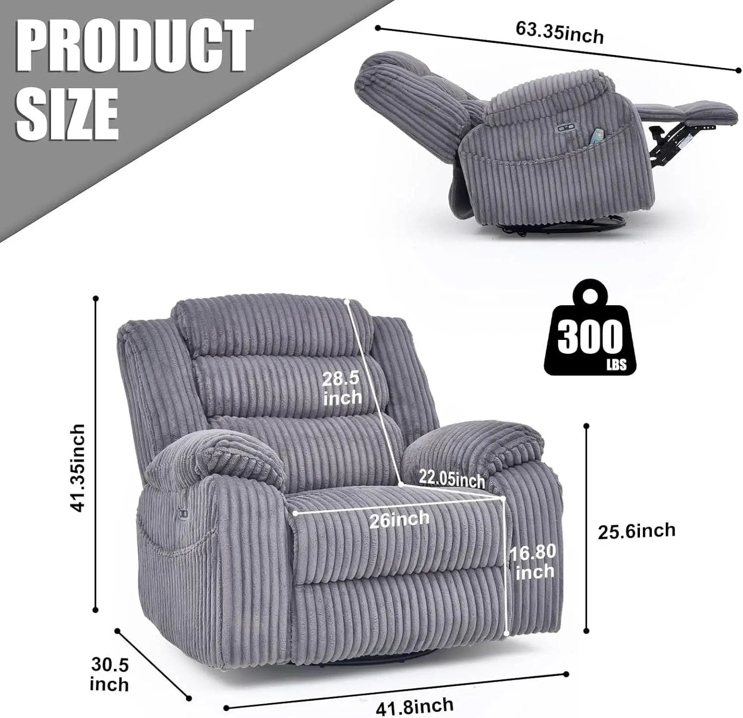 Grey Heated Massage Power Recliner With USB Port Charging from PriceLows™