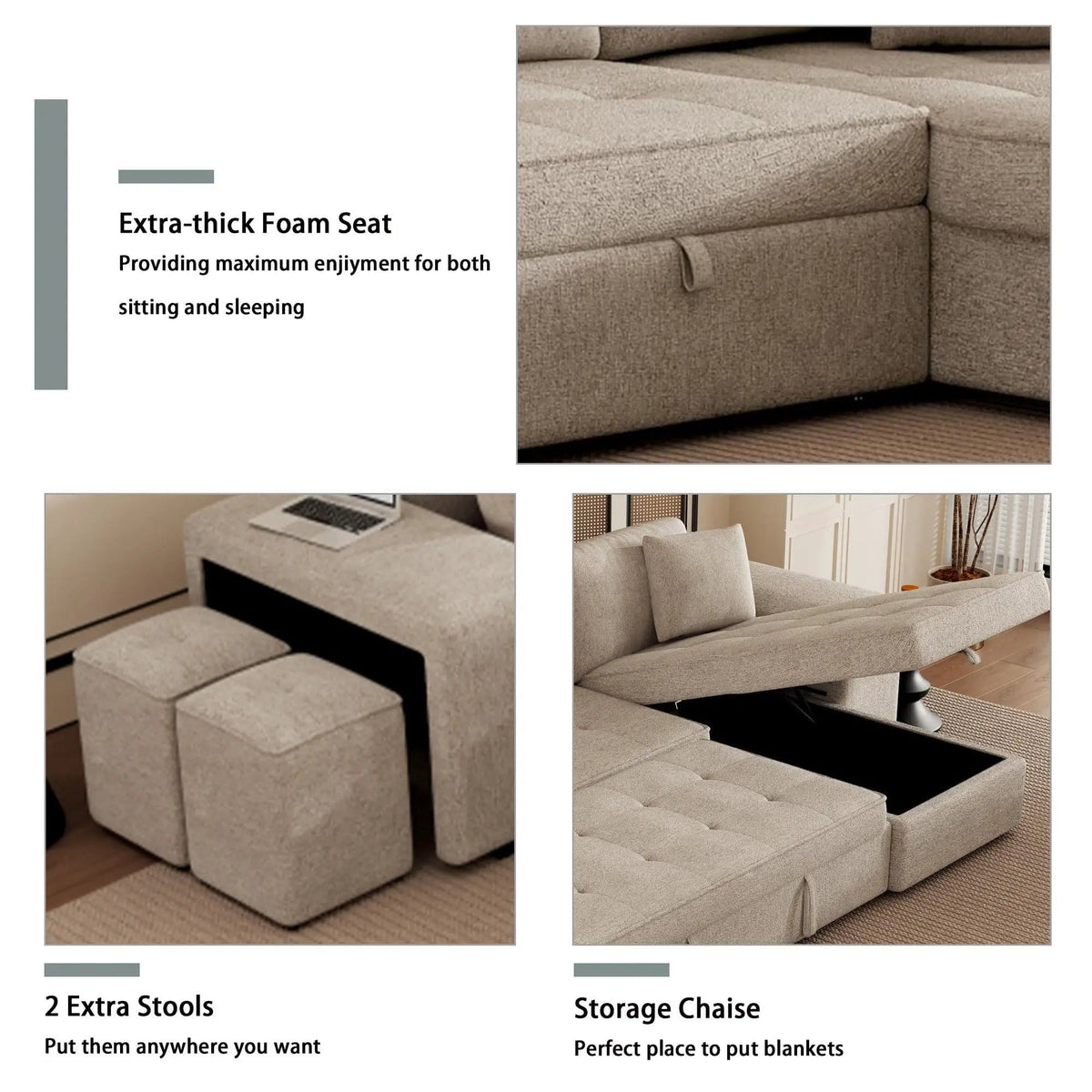 Modern L-Shape 3 Seat Reversible Sectional Couch, Pull Out Sleeper Sofa With Storage | 4 Pieces | Fabric | Living Room