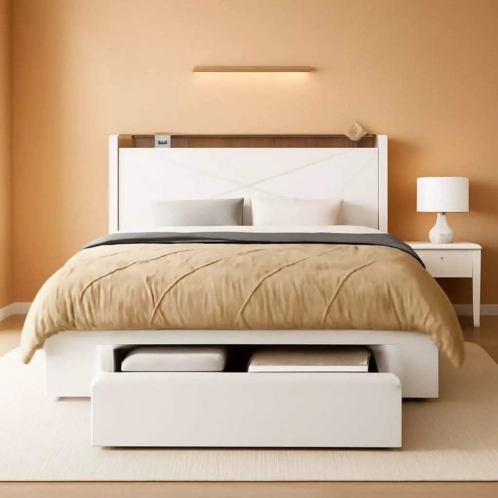 White Velvet Upholstered Bed Frame With USB Type C Ports from PriceLows™