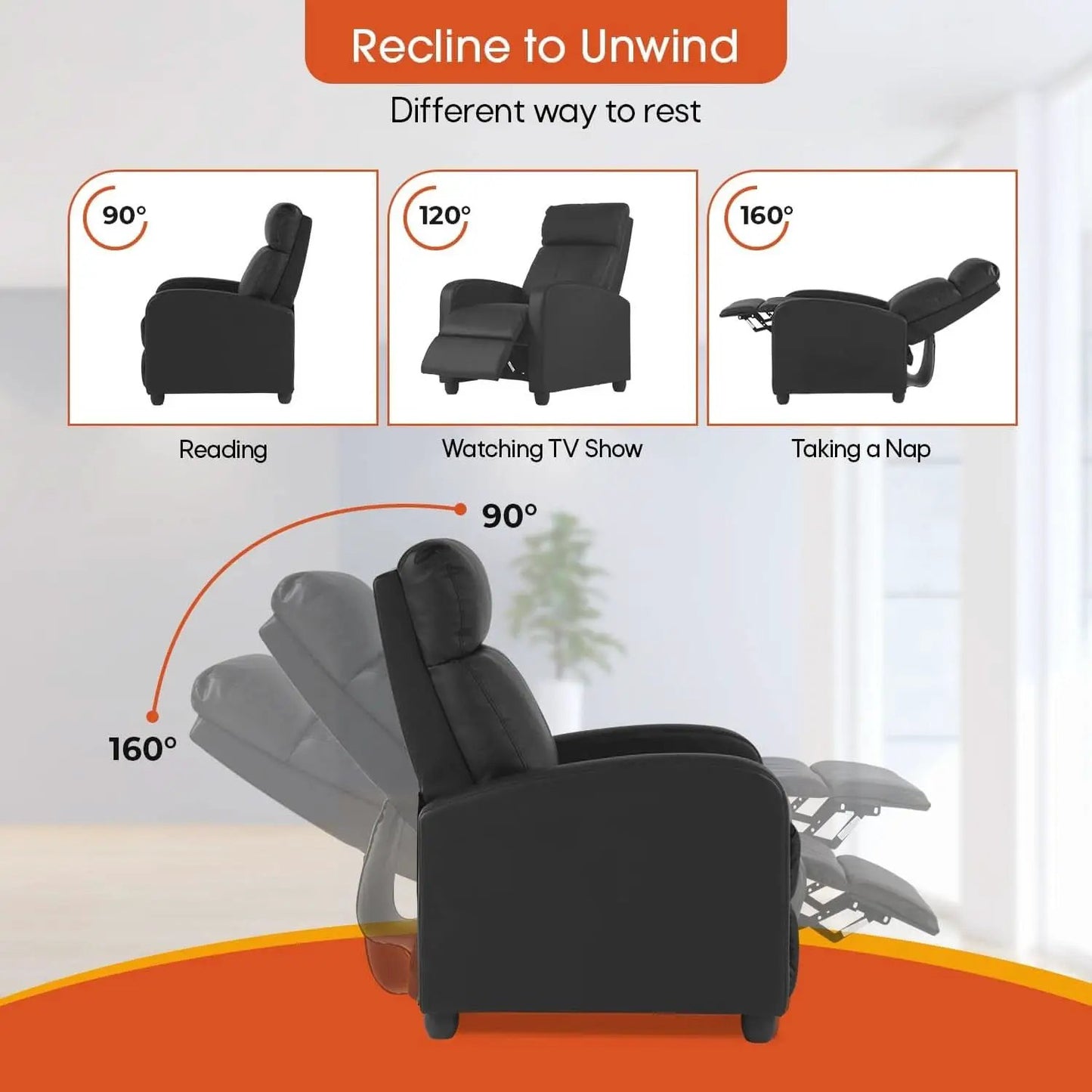 PU Leather Recliner Chair Black With Lumbar Support from PriceLows™