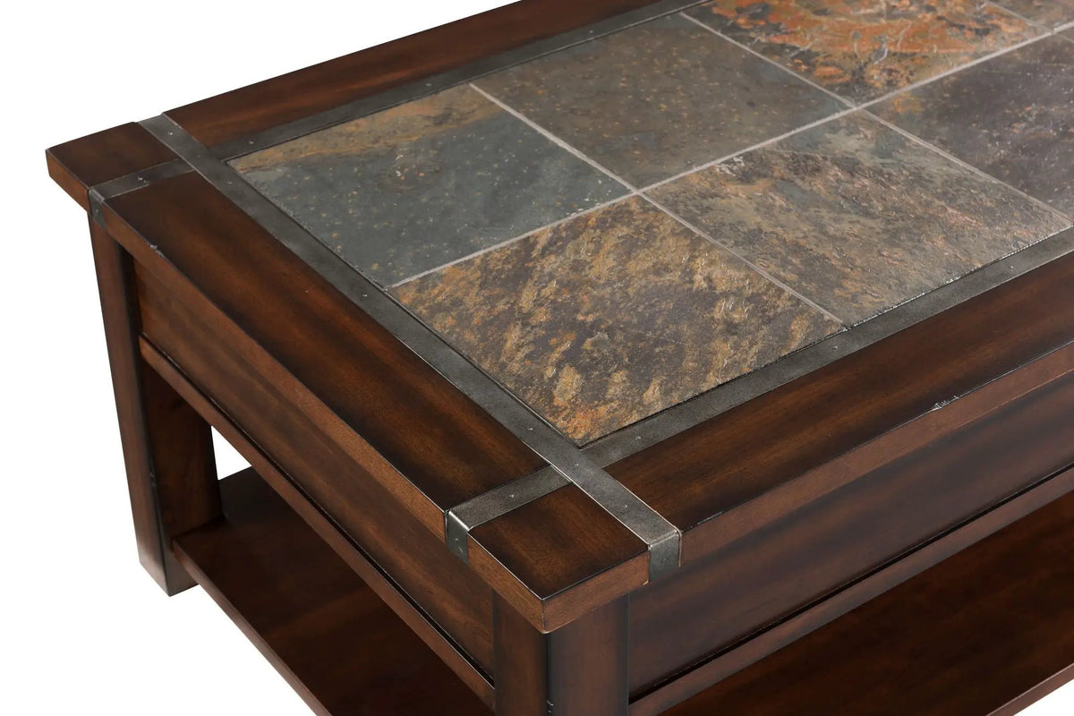 Roanoke Rectangular End Table | Slate Inlay | Pewter Strapping And Hardware | Transitional Style