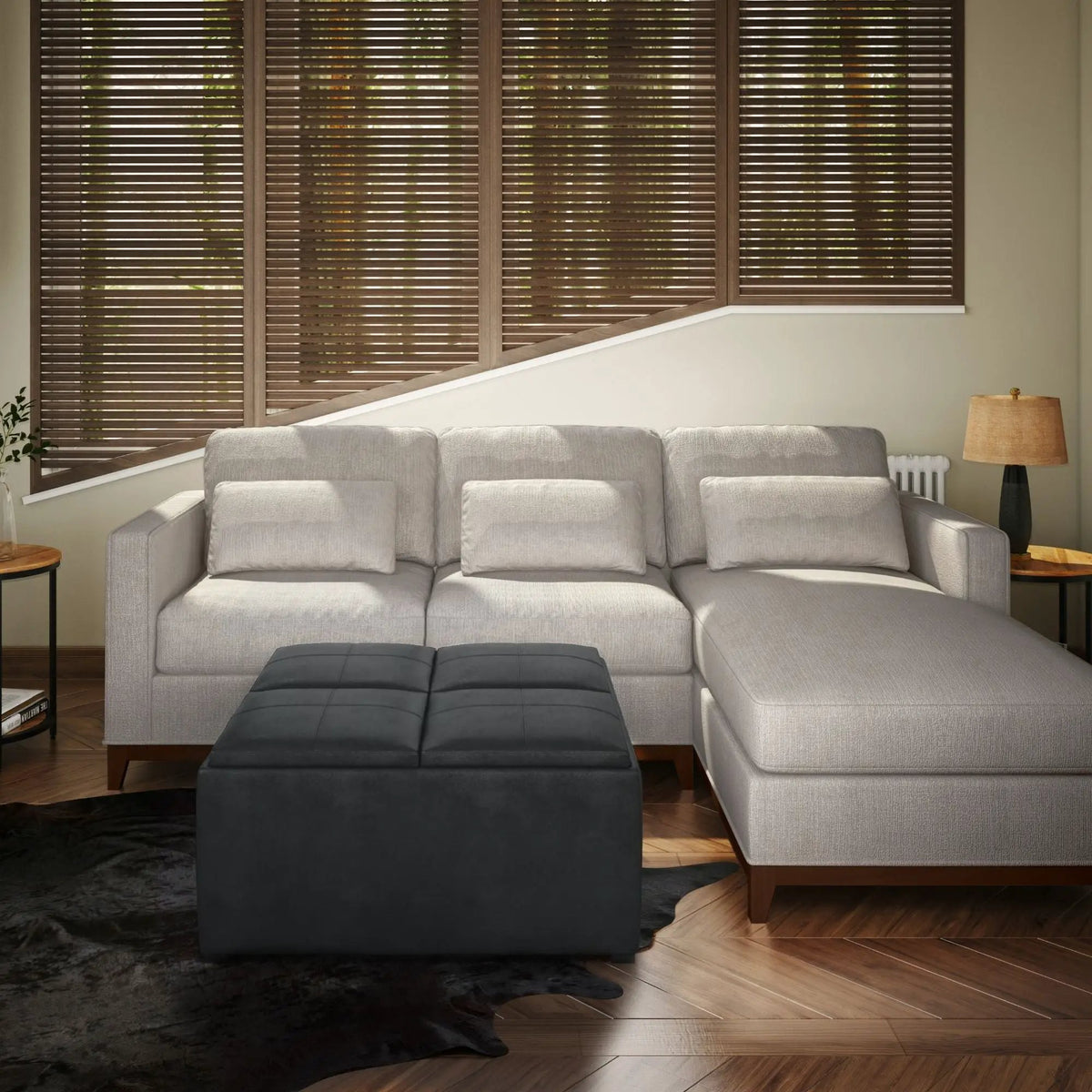 Avalon Upholstered Storage Ottoman | Vegan Leather | Four Flip Over Serving Trays | 35 Inch Width