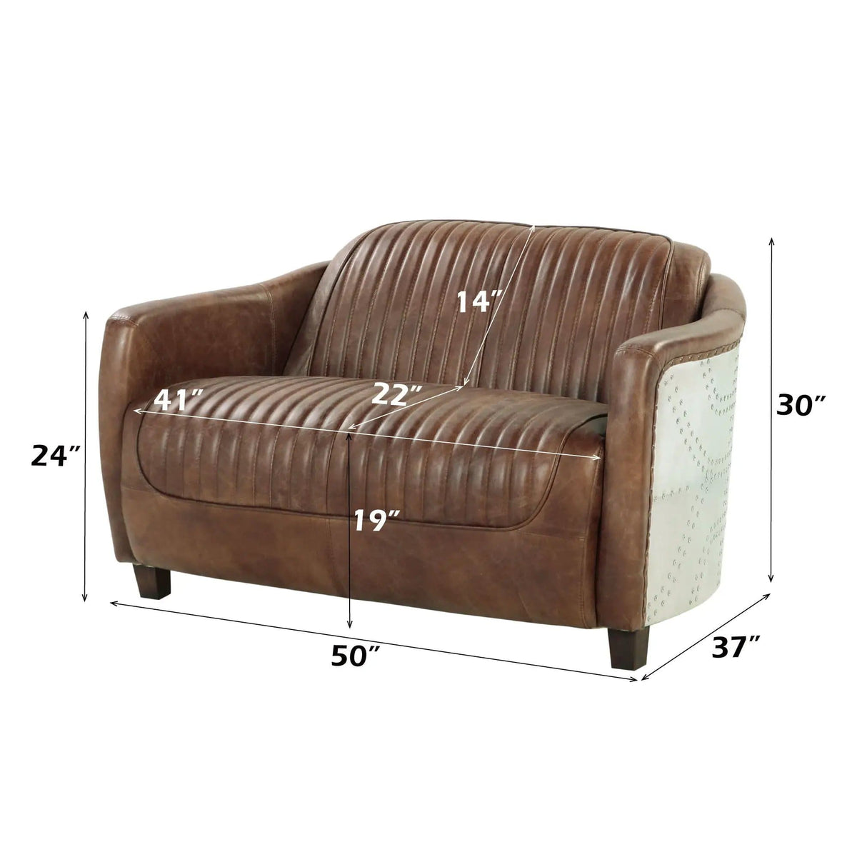 Brancaster Grain Leather Loveseat | 37 x 50 x 31 in | Leather & Aluminum | Brown