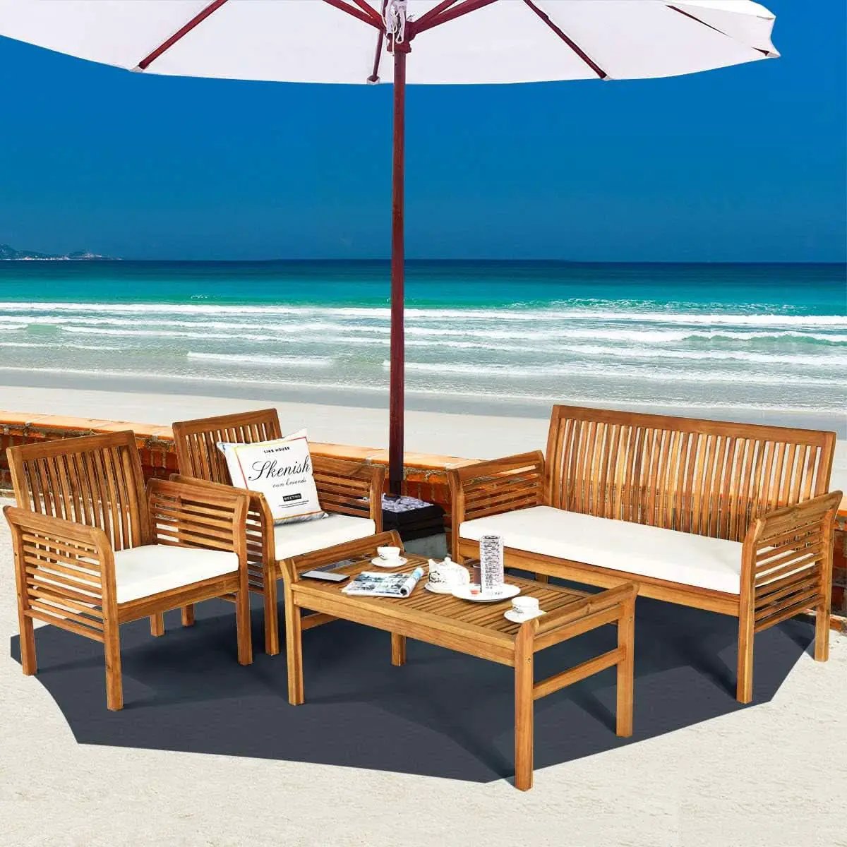 Outdoor Acacia Wood 4 Piece Sofa Set With Water Resistant Cushions Coffee Table from PriceLows™