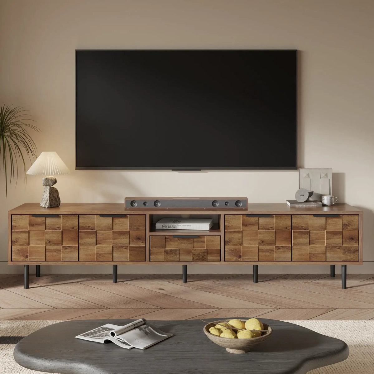 Natural TV Stand | L Shaped Handles | Checkered Design | Four Soft-Closing Cabinets