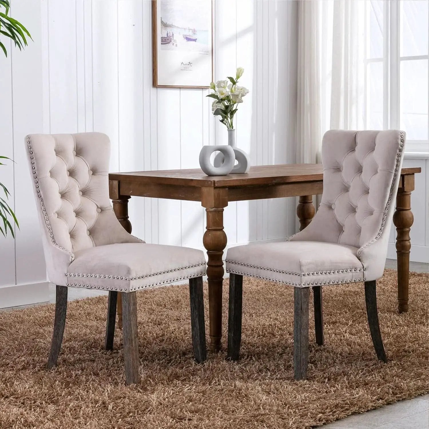 Velvet Dining Chairs Set Of 4 Beige With Ring Pull Trim from PriceLows™