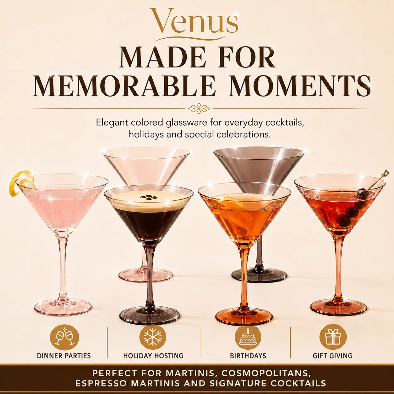 Venus Martini Cocktail Glassware, Set of 6