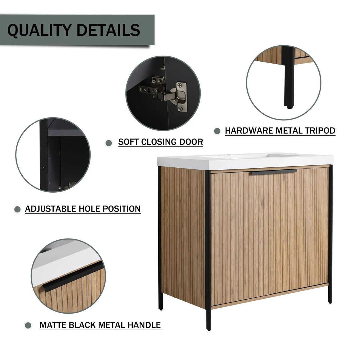 Modern Freestanding Bathroom Vanity With Resin Sink & Soft Close Cabinet Doors | 4 Pieces | Metal & Plywood | Bathroom