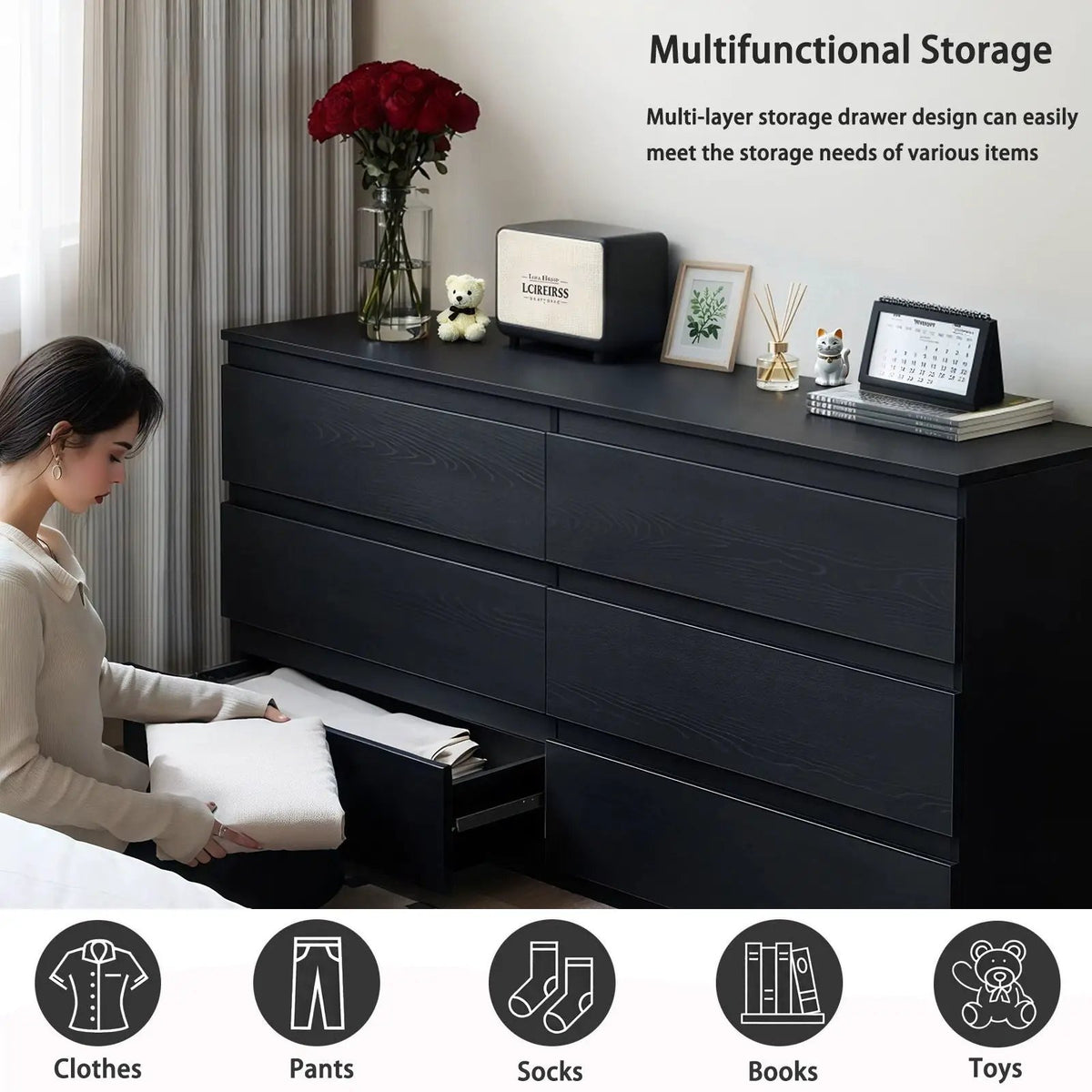 6 Drawer Dresser | Spacious Countertop | Concealed Handles | 47 Inch Width