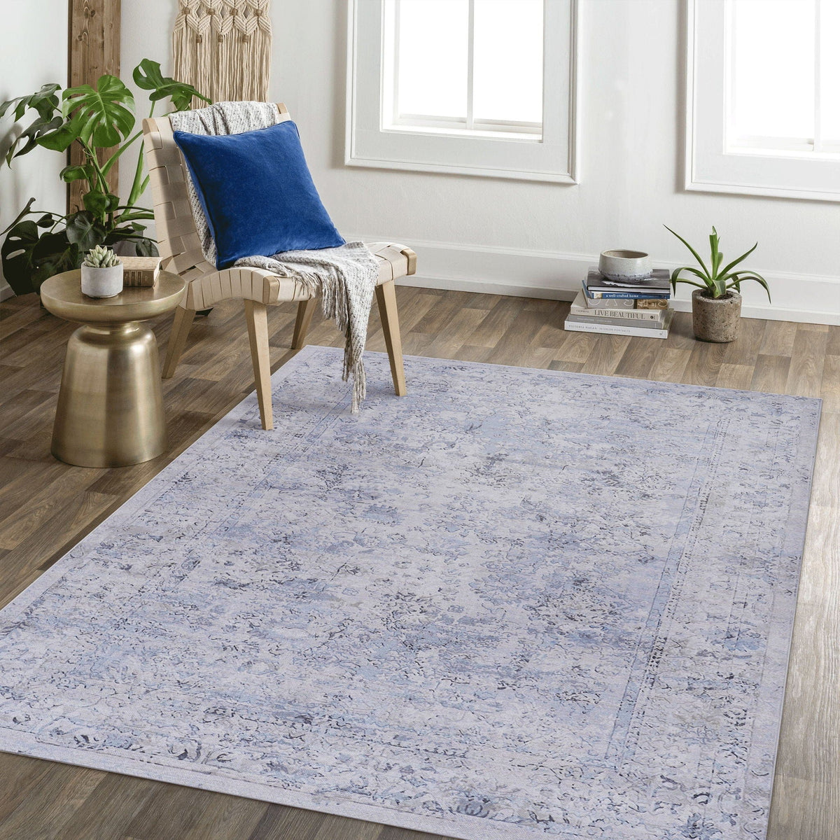 Maval 6' X 9' Washable Area Rug | 108 x 72 x 0.14 in | Cotton | Blue / Cream