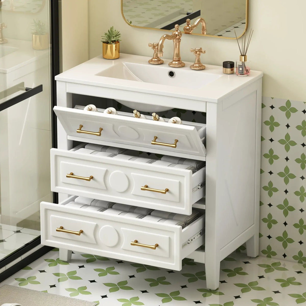 30 Inch Retro Bathroom Vanity | Free Standing Single Set | 3 Drawers | Solid Wood Frame