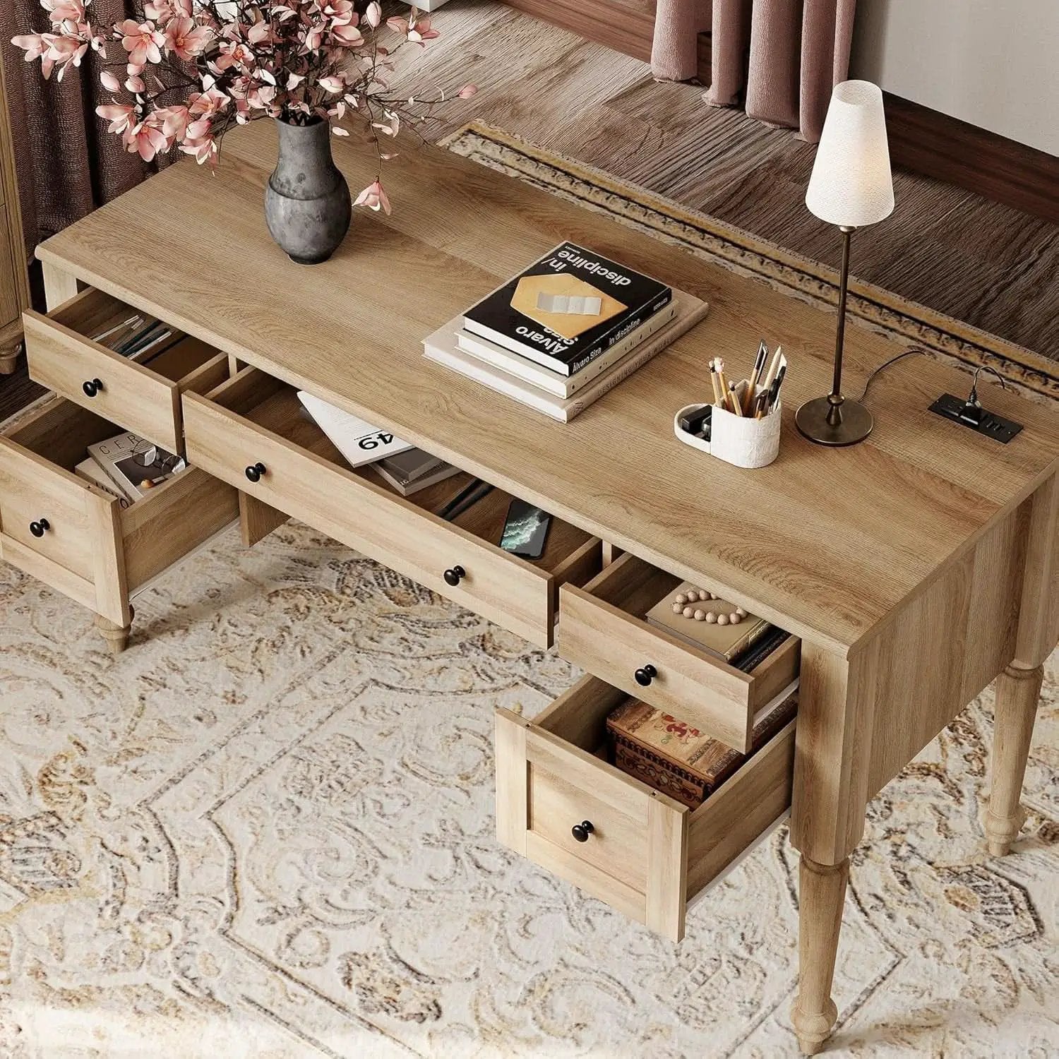Oakwood Finish 56-Inch Executive Desk With USB Charging from PriceLows™