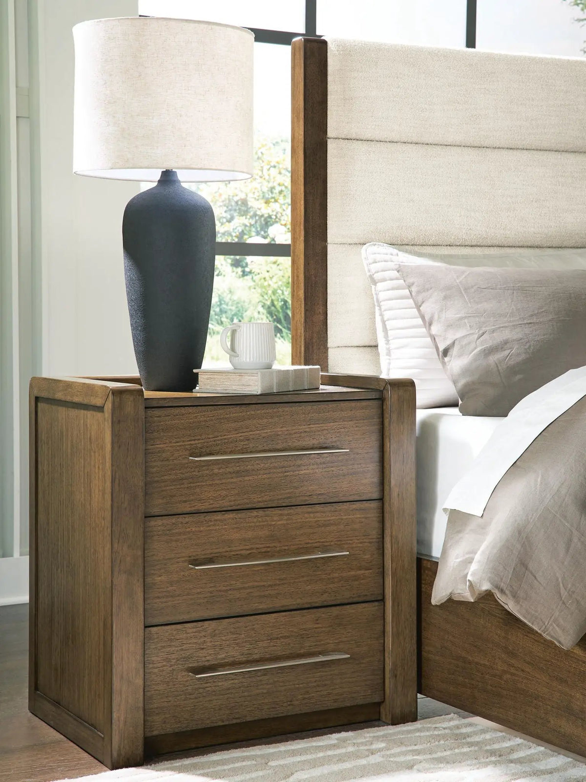 Marxmore Three Drawer Nightstand | Charging | Brown | Lined Top Drawer