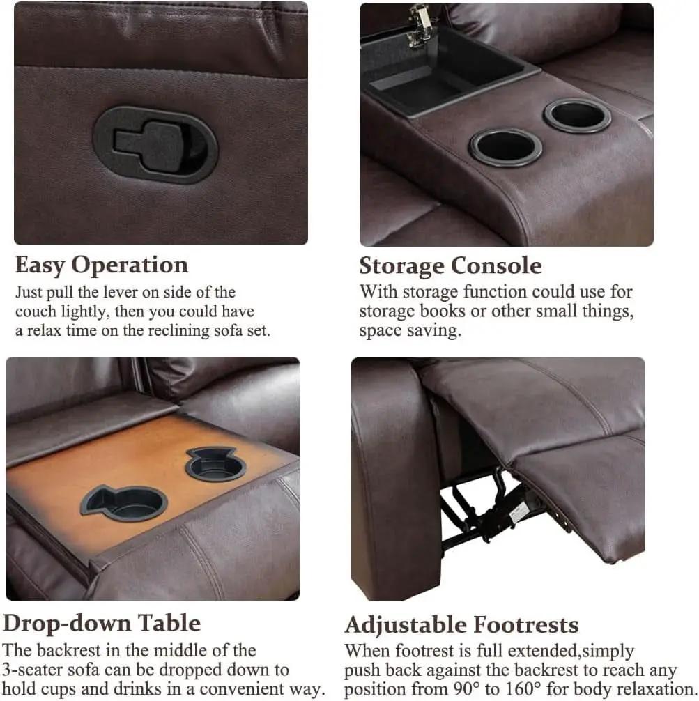 Brown 3 Piece Vegan Leather Recliner Sofa Set Cupholders from PriceLows™