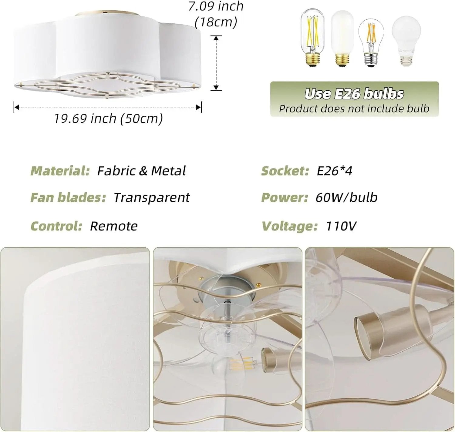 20 Inch Boho White Ceiling Fan With Light Remote Flush Mount from PriceLows™