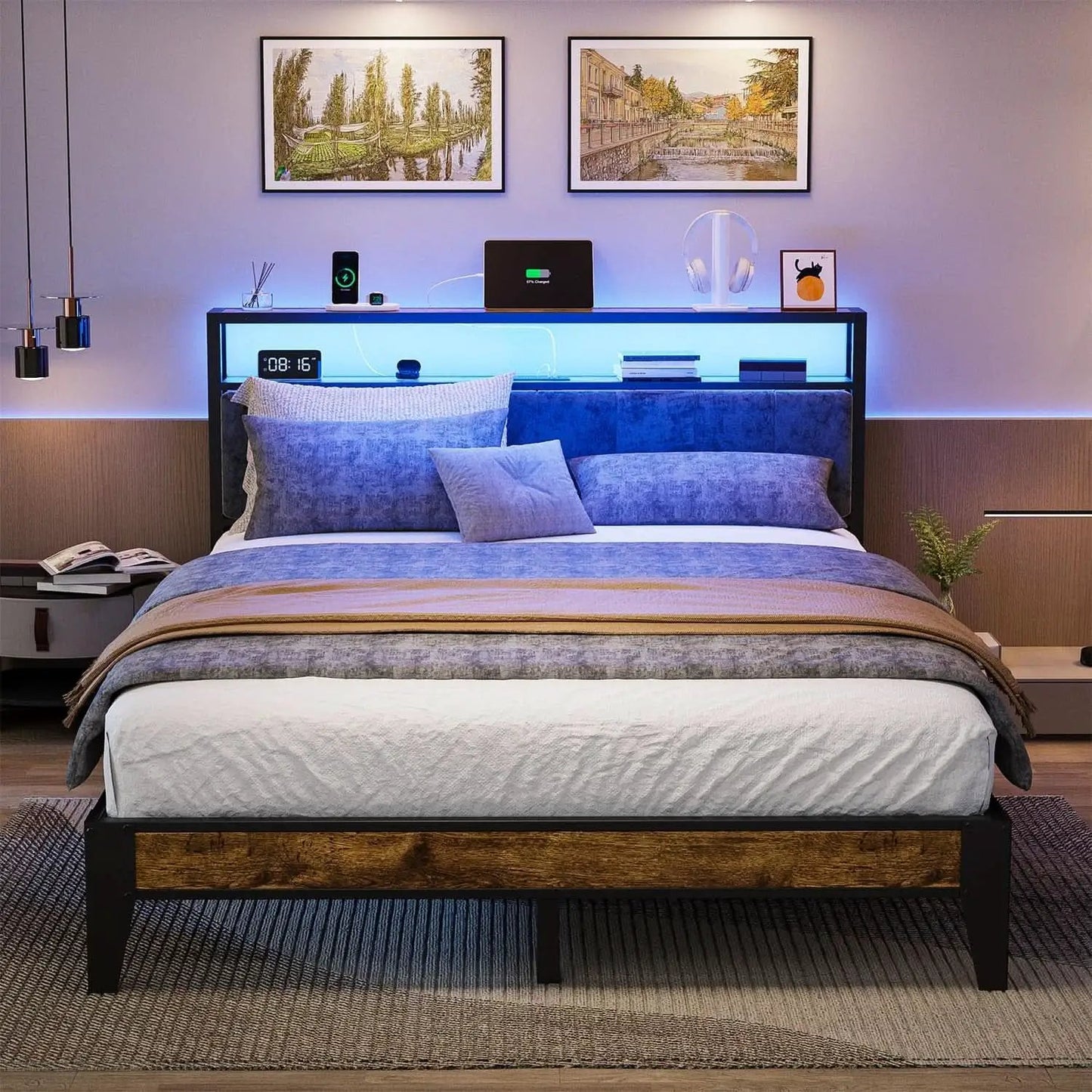 Queen Size RGB LED Headboard With Storage And Charging from PriceLows™