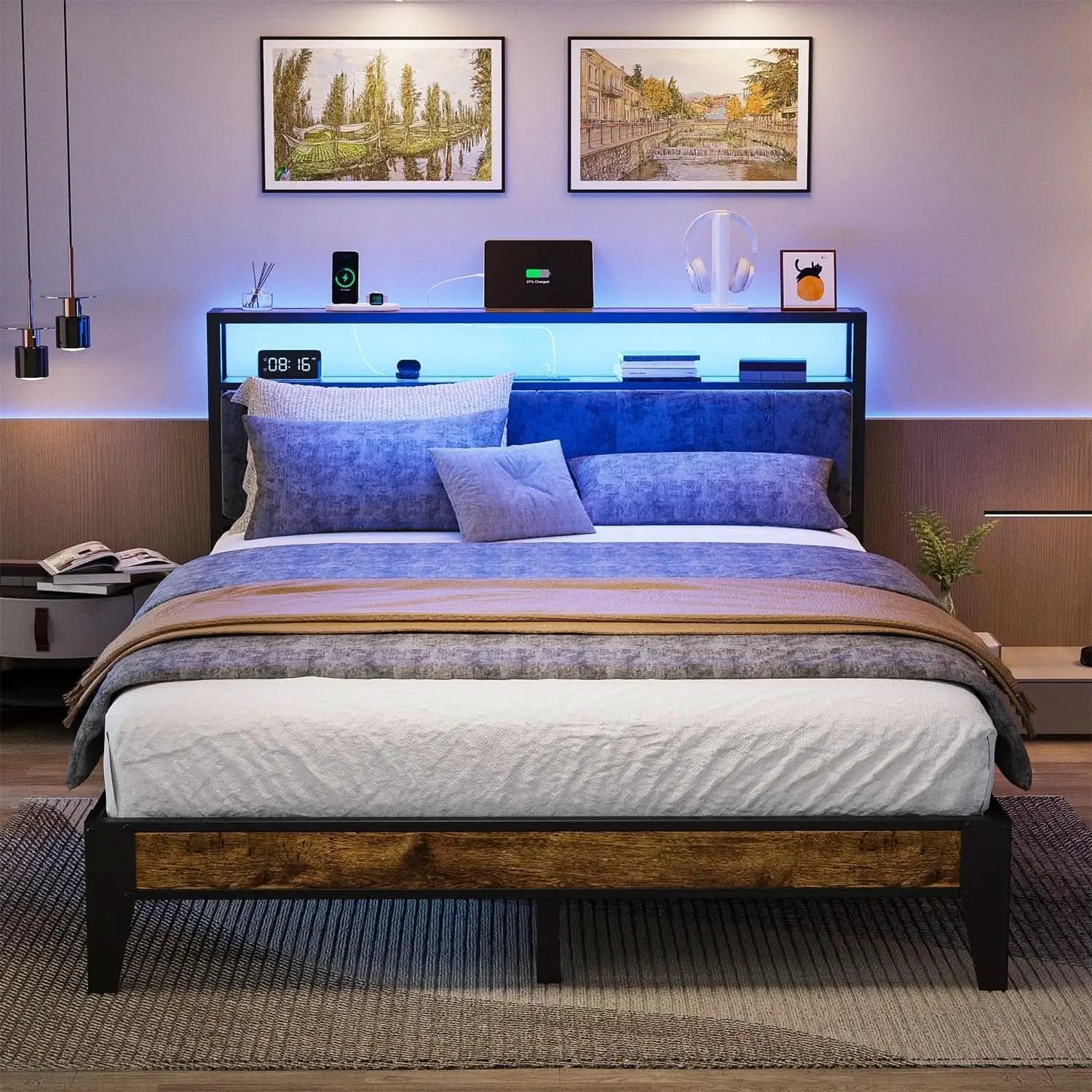 Queen Size RGB LED Headboard With Storage And Charging from PriceLows™