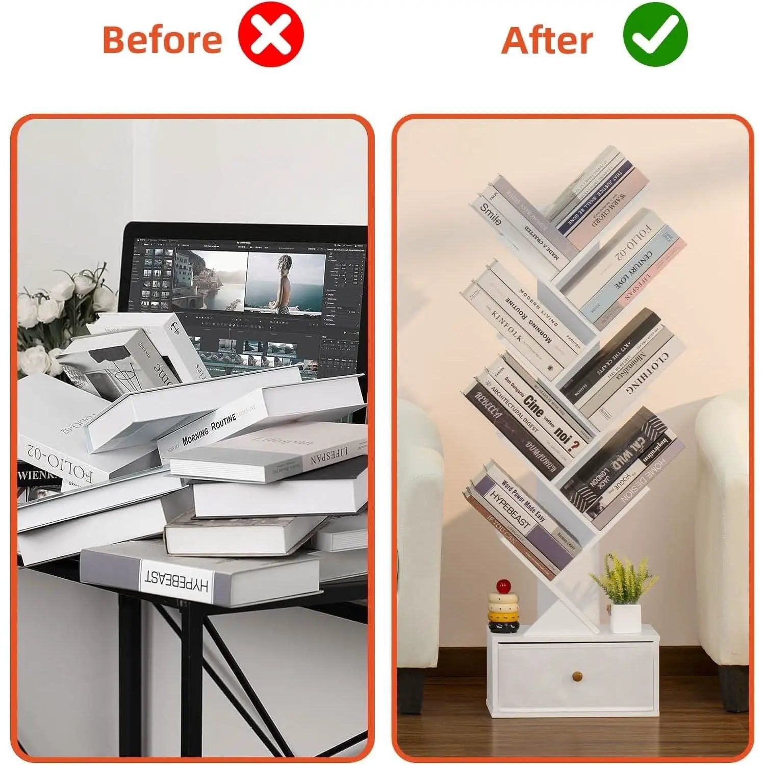 8 Tier Tree Bookshelf With Drawer White Wood Space Saving from PriceLows™