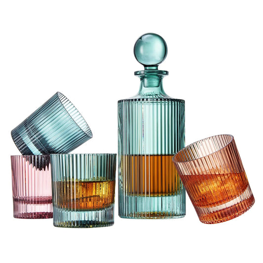 Khen Ribbed Decanter Set with 4 Glasses – Whiskey Bourbon Scotch from PriceLows™