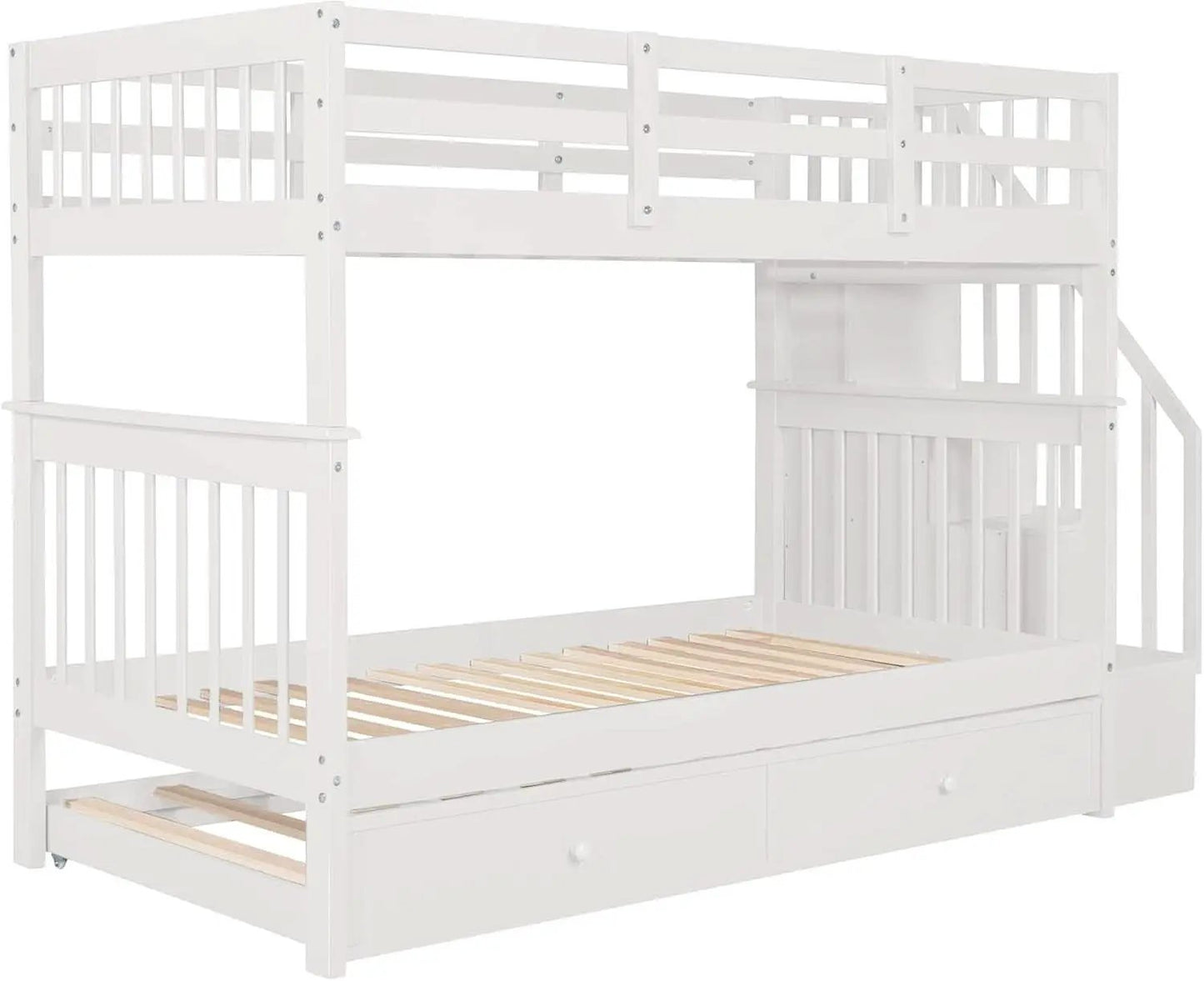 Twin Over Twin Bunk Bed With Stairs And Trundle White from PriceLows™