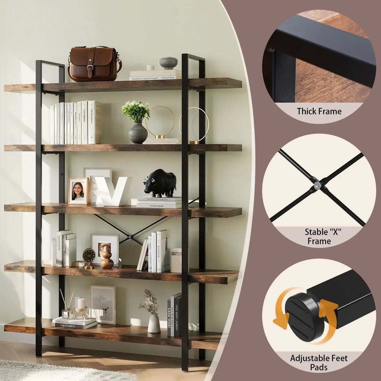 Brown 47 Inch Wide Industrial Bookcase Open Shelves from PriceLows™