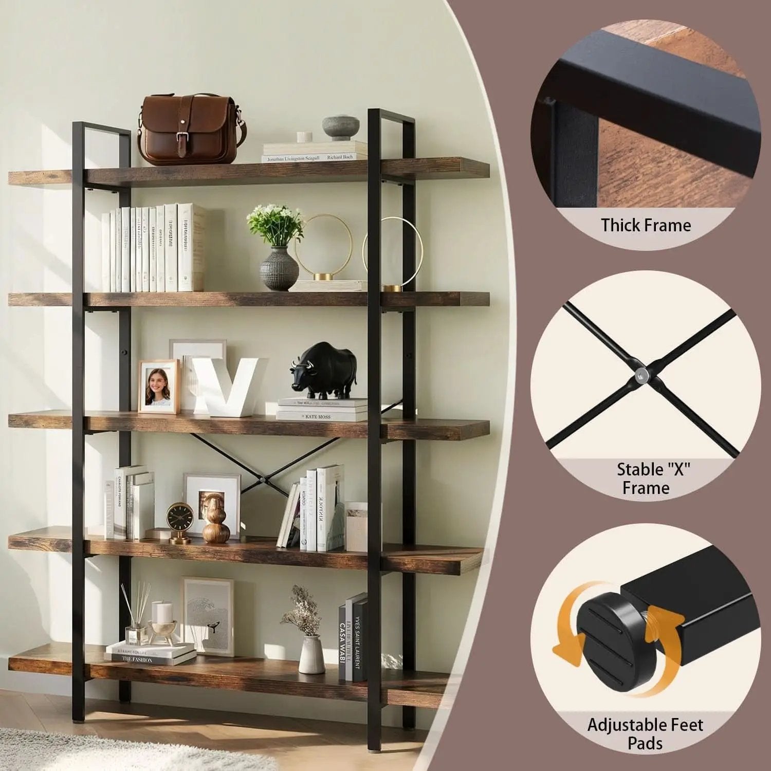 Brown 47 Inch Wide Industrial Bookcase Open Shelves from PriceLows™