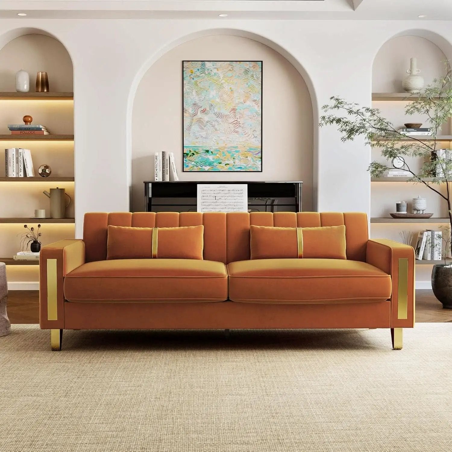 2 Piece Orange Velvet Loveseat Couch Set With Gold Metal Legs 86 Inch Living Room Sofa With 4 Pillows from PriceLows™