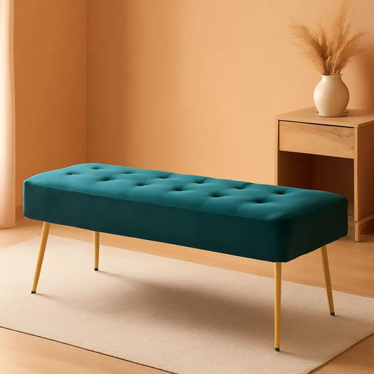 Velvet Upholstered Button Tufted Ottoman Gold Base from PriceLows™