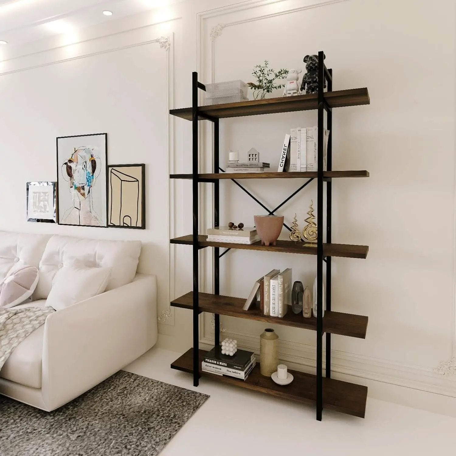 Five Tier Bookshelf Organizer Rustic Brown Metal Shelving from PriceLows™