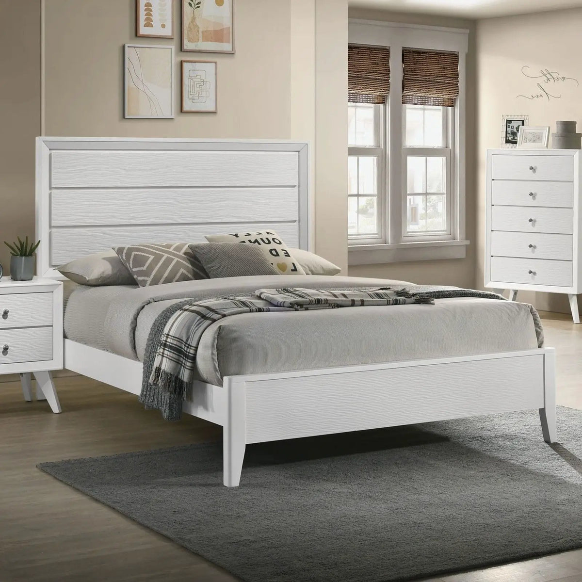 Modern Bed Frame | Wave Texture Headboard | Angled Legs | Solid Wood Construction