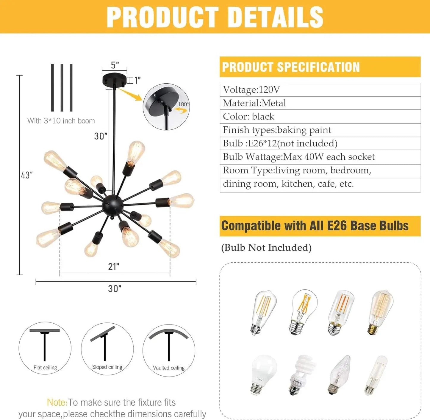 Black 12 Light Sputnik Chandelier Farmhouse Pendant from PriceLows™