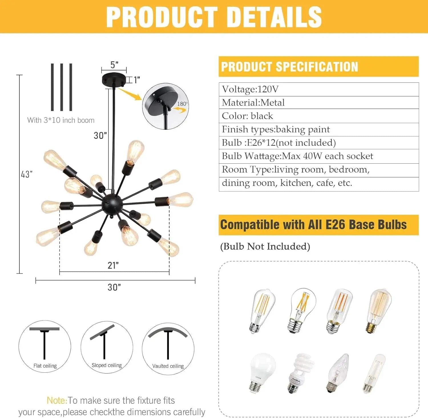Black 12 Light Sputnik Chandelier Farmhouse Pendant from PriceLows™