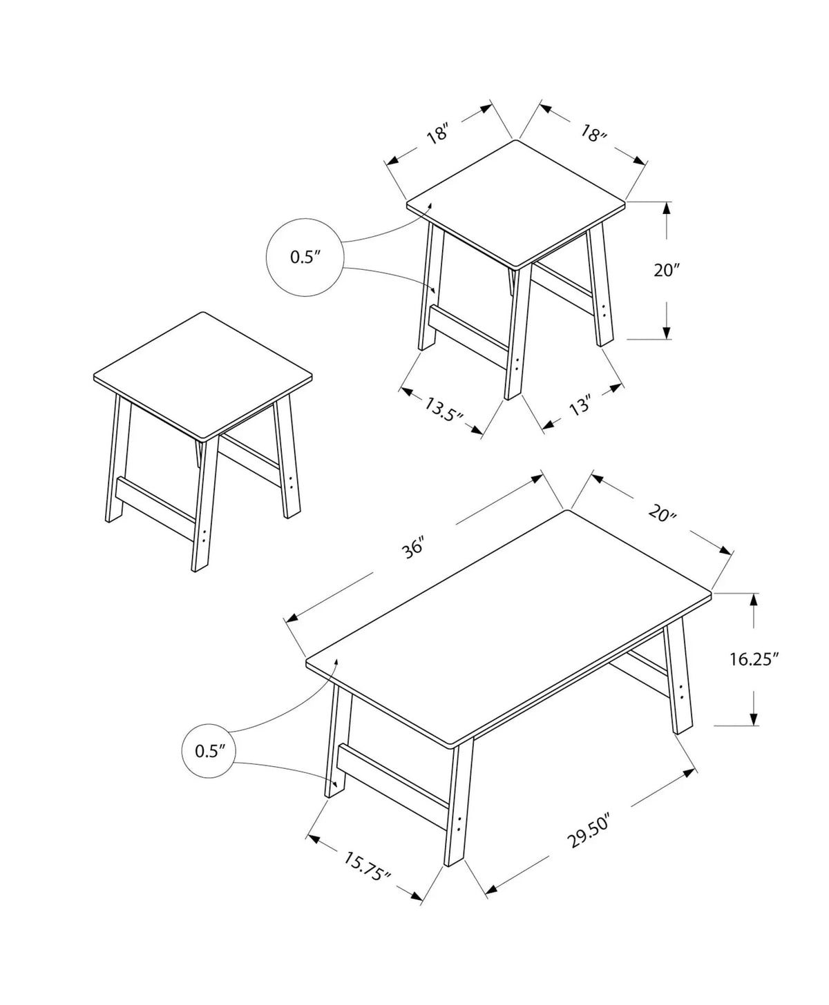 Rectangular Coffee Table Set | Set Of 3 | Two Matching Square End Tables | 36 Inch Length