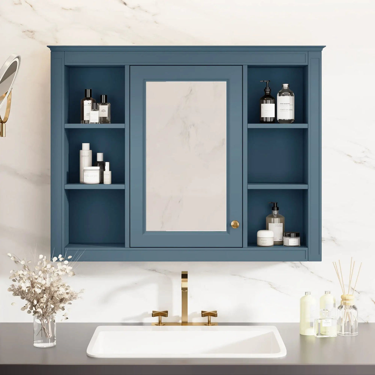 Wall Mounted Medicine Cabinet | Adjustable Interior | 6 Open Shelves