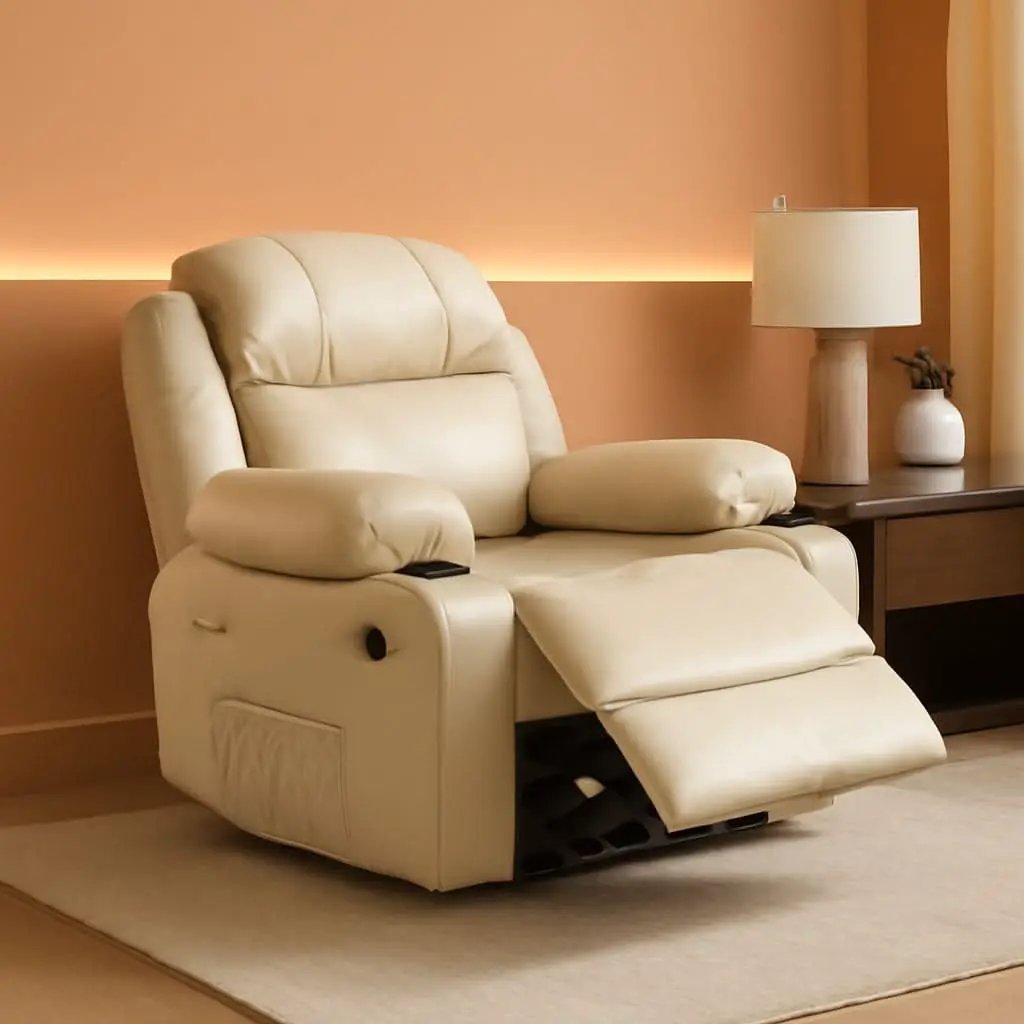 Beige Leather Manual Recliner Chair With Cup Holders from PriceLows™