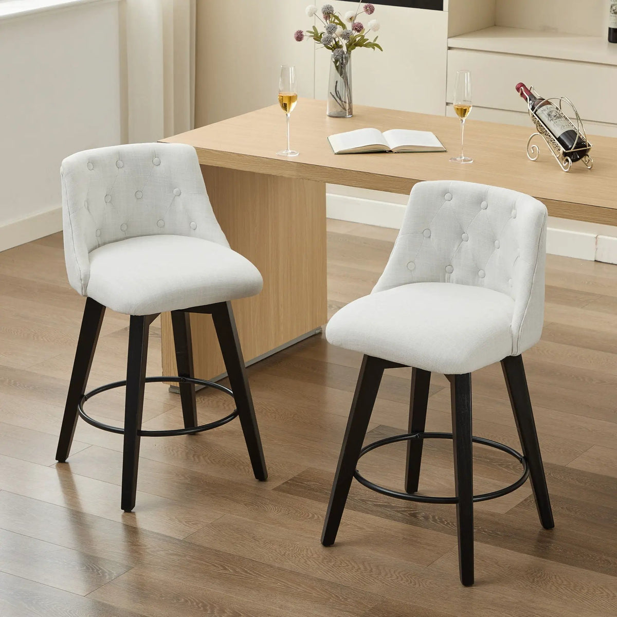 Swivel Bar Stools | Set Of 2 | Button Tufted Back | 360 Degree Silent Swivel