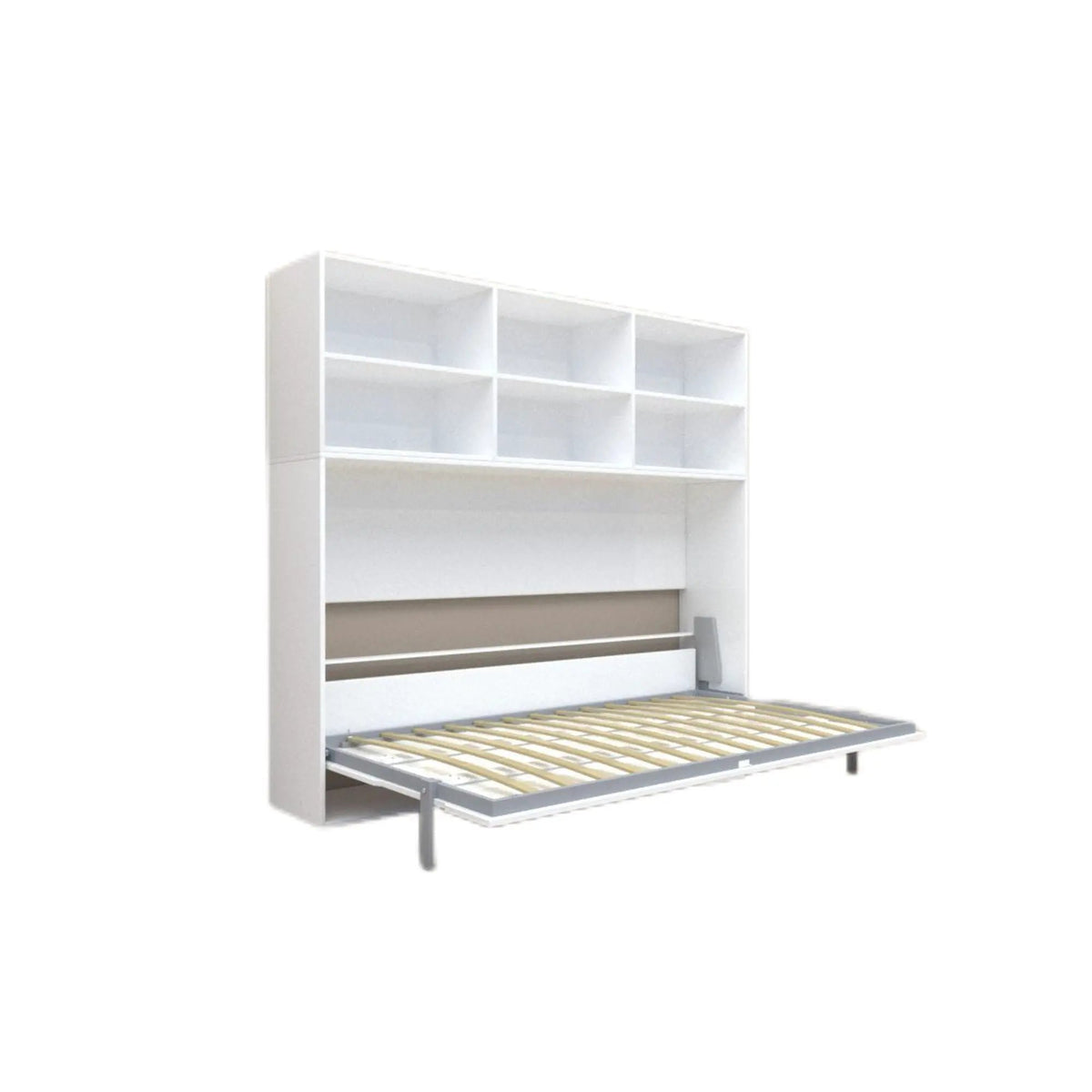Twin Size Horizontal Murphy Bed | Gas Struts | White | Double Layer Shelf