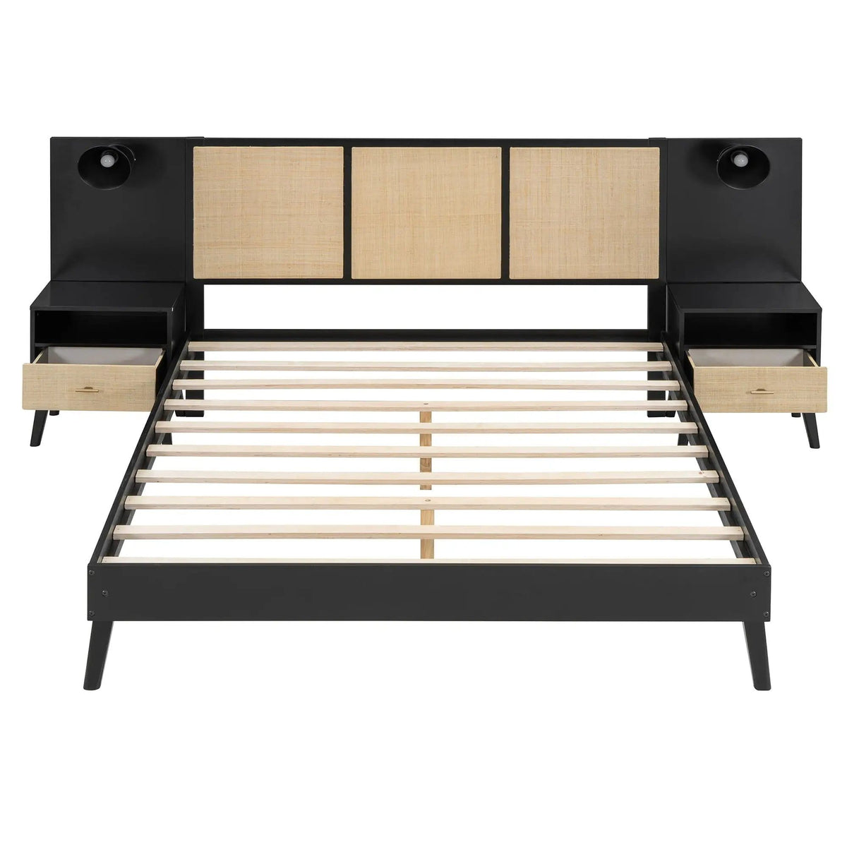 Bed Frame With 2 Nightstands Elegant Design With Lamps 3 Piece Bedroom Set | 84 x 98 x 41.3 in | Solid Wood & Rattan | Bedroom