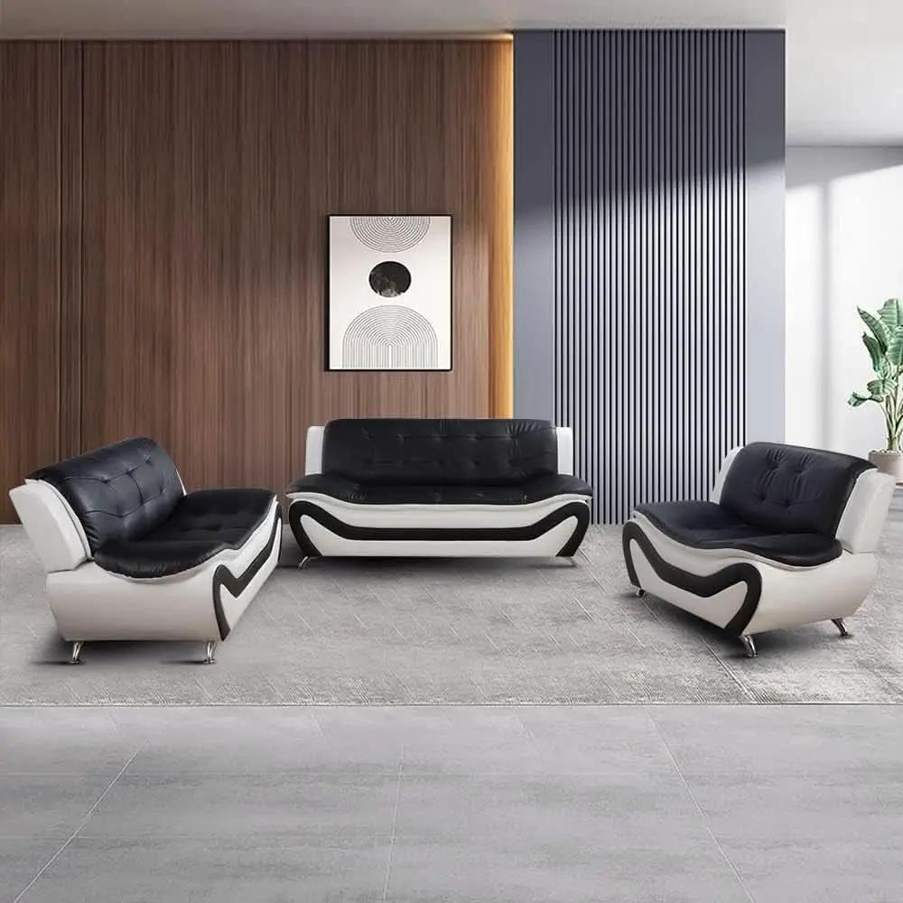 Living Room Faux Leather Sofa Set 3 Piece Black White from PriceLows™