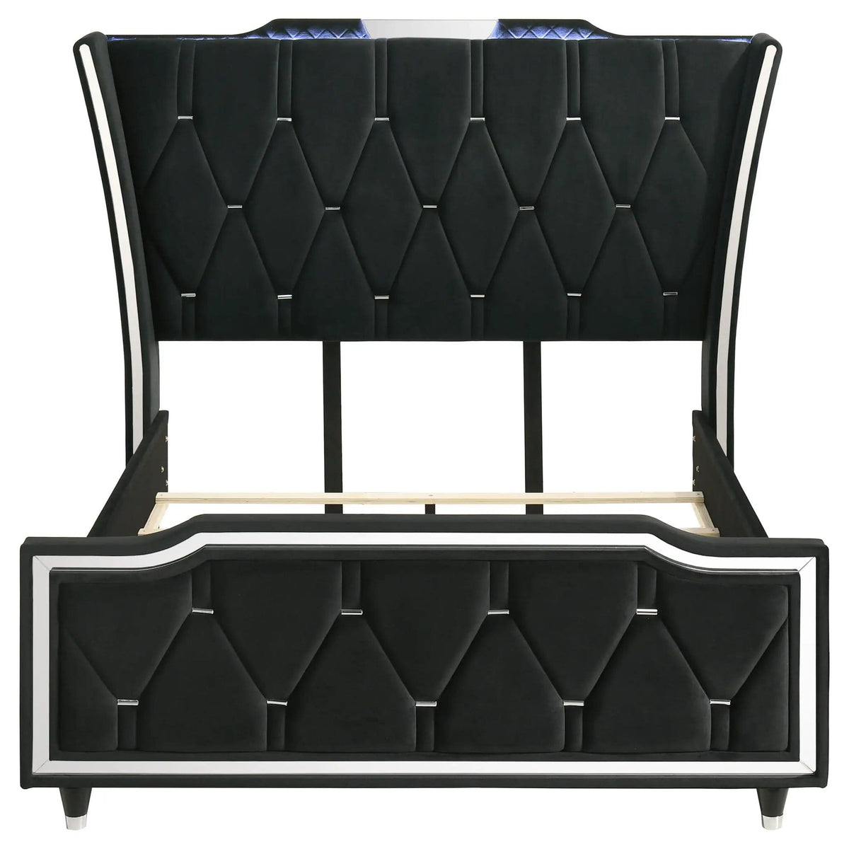 Lorient Queen LED Upholstered Wingback Bed | 80.25 x 92.5 x 63.25 in | Rubberwood & Engineered Wood | Black