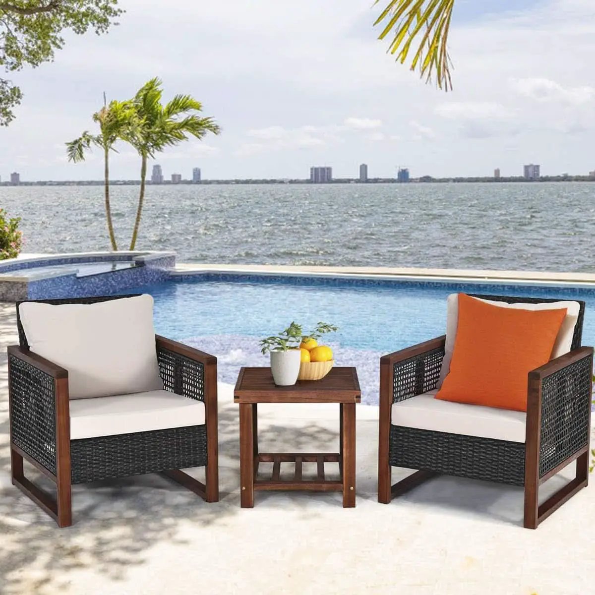 3 Piece Patio Wicker Furniture Set With Beige Washable Cushions And Acacia Wood Coffee Table from PriceLows™