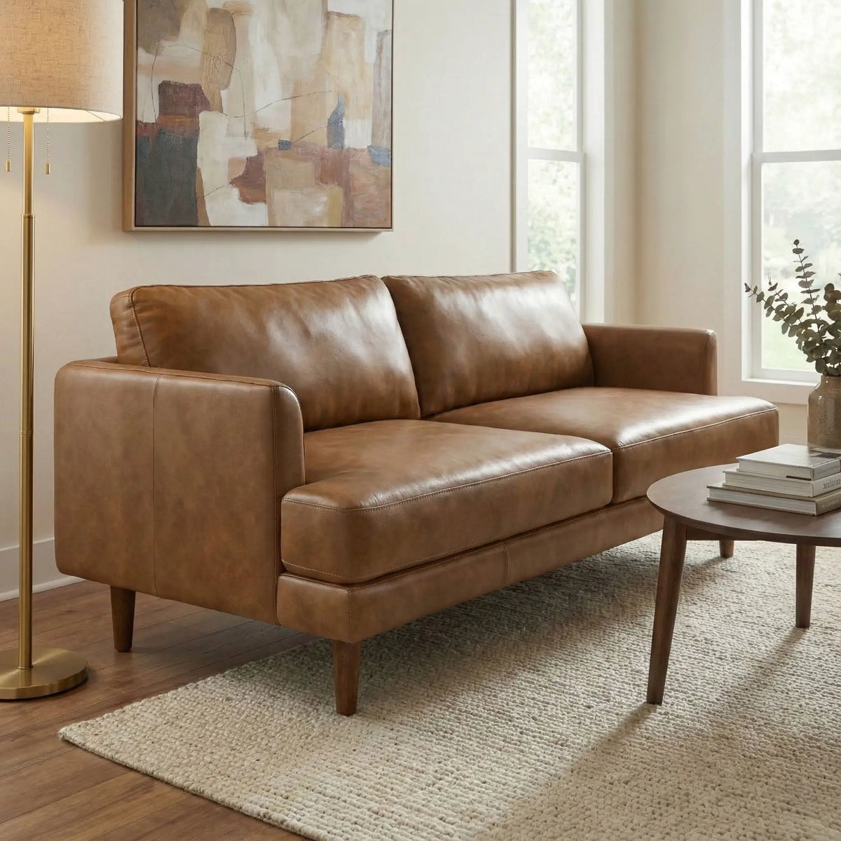 Livingston Upholstered Sofa | Genuine Aniline Leather | 7 Inch Thick Cushions | 76 Inch Length