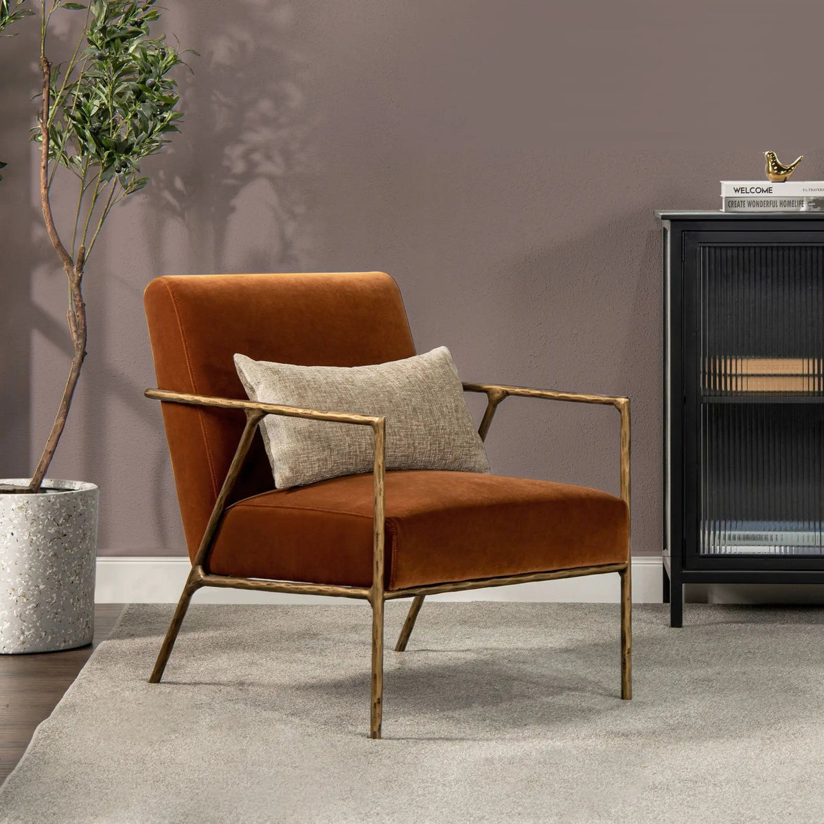 Aerin Hammered Brass Upholstered Accent Arm Chair | 2 Pieces | Iron & Metal | Living Room