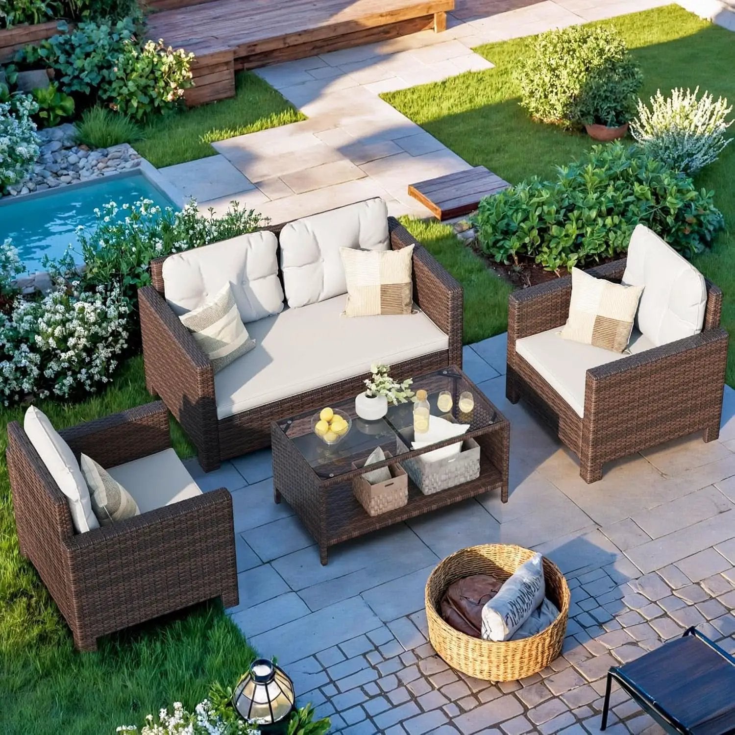 4 Piece Patio Rattan Furniture Set Beige Cushions Outdoor from PriceLows™