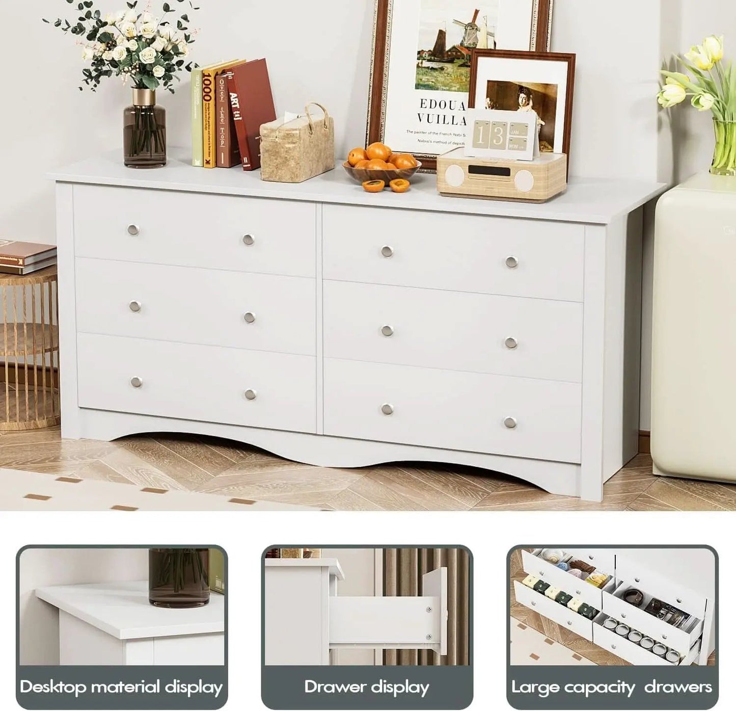 Dresser With 6 Drawers And TV Stand White Wood Storage from PriceLows™