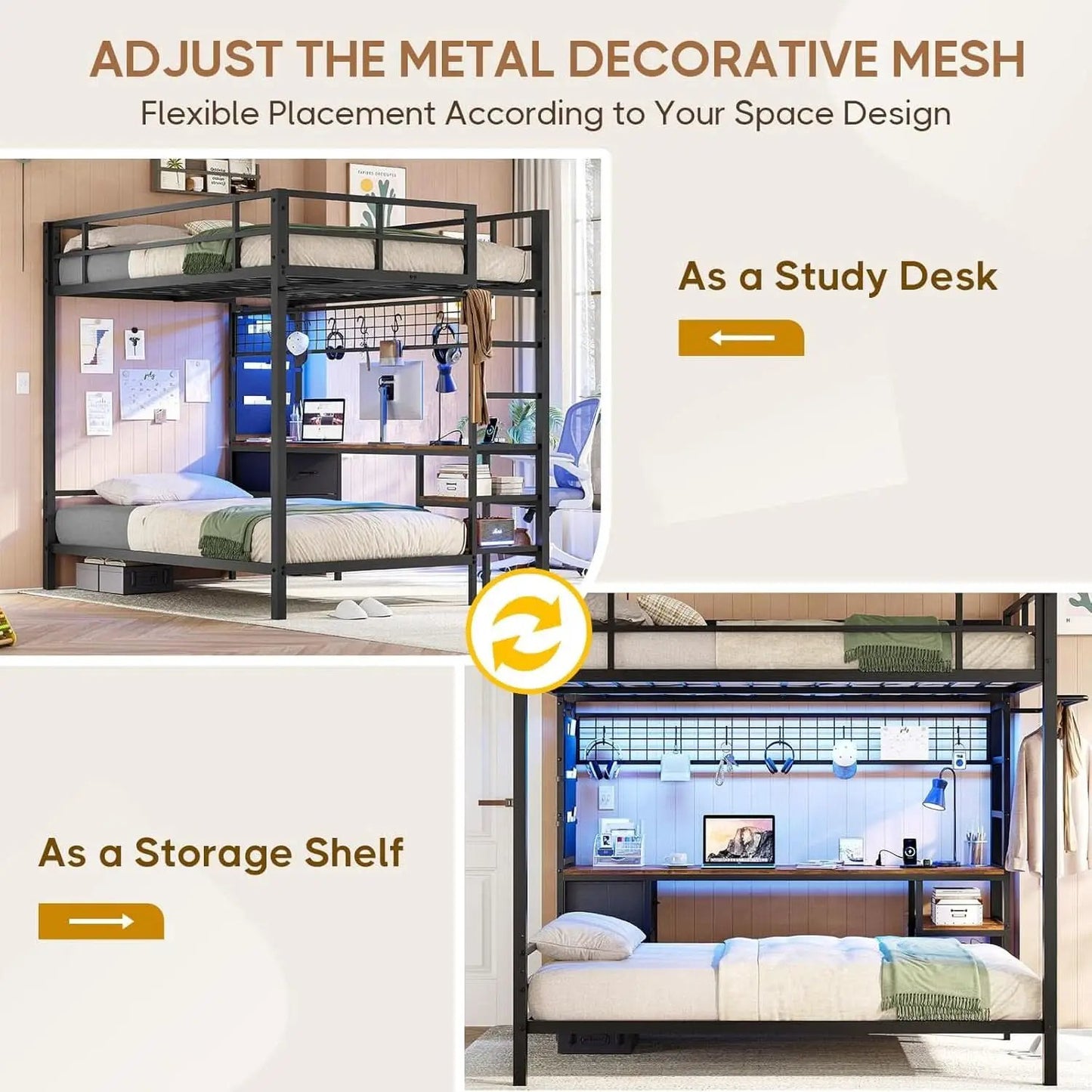 Black Full Over Twin Metal Bunk Bed With Desk LED Lights from PriceLows™