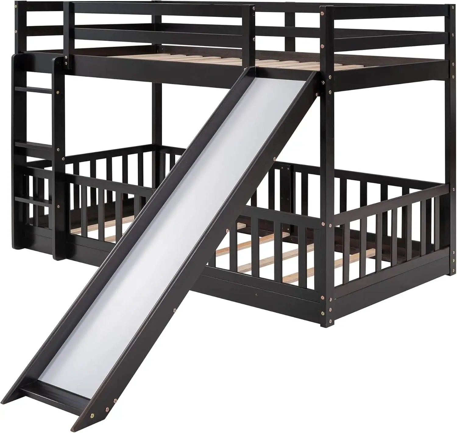 Twin Over Twin Floor Bunk Bed With Slide And Ladder from PriceLows™
