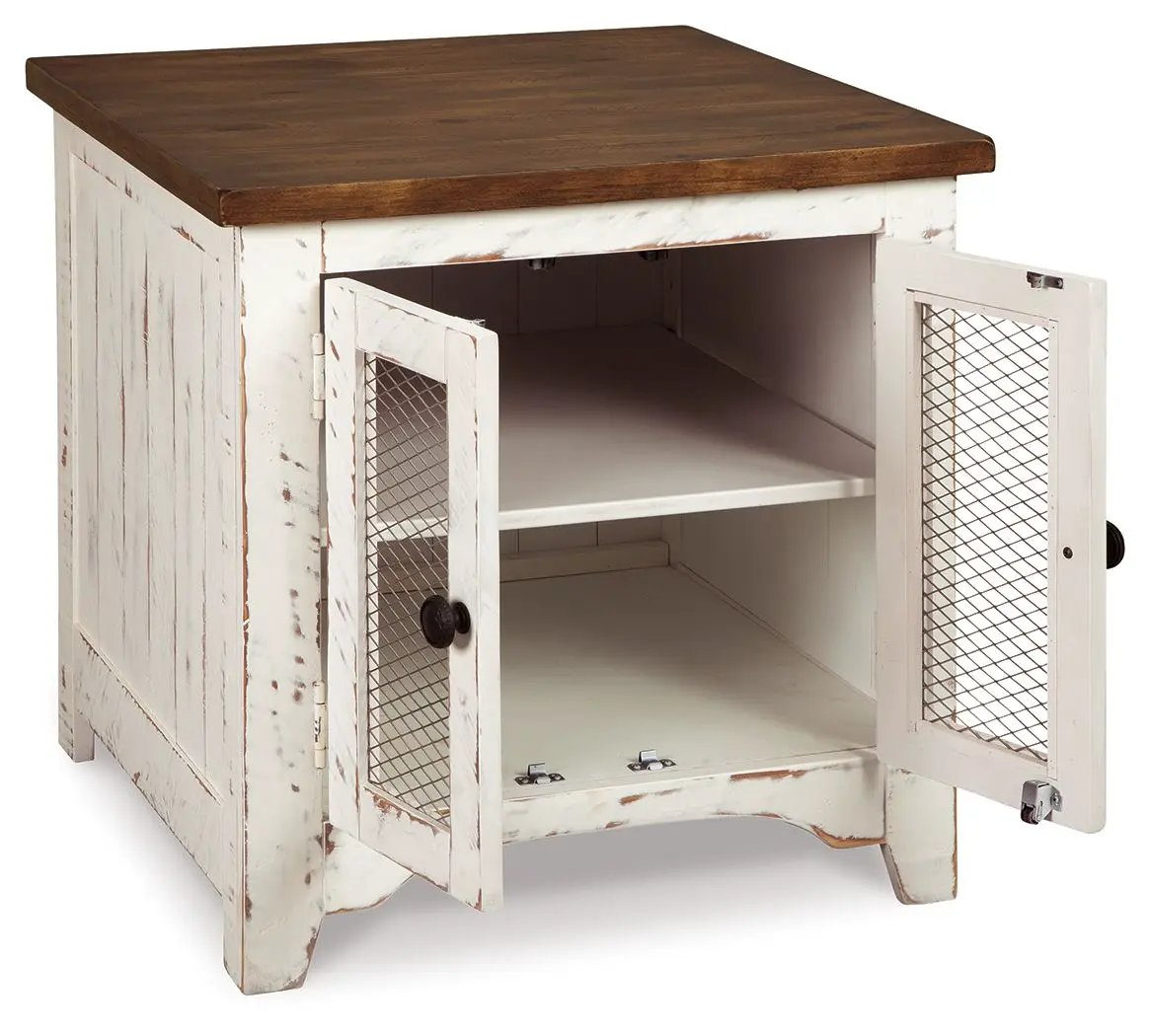 Wystfield Rectangular End Table | White And Brown | Two Doors | Adjustable Shelf