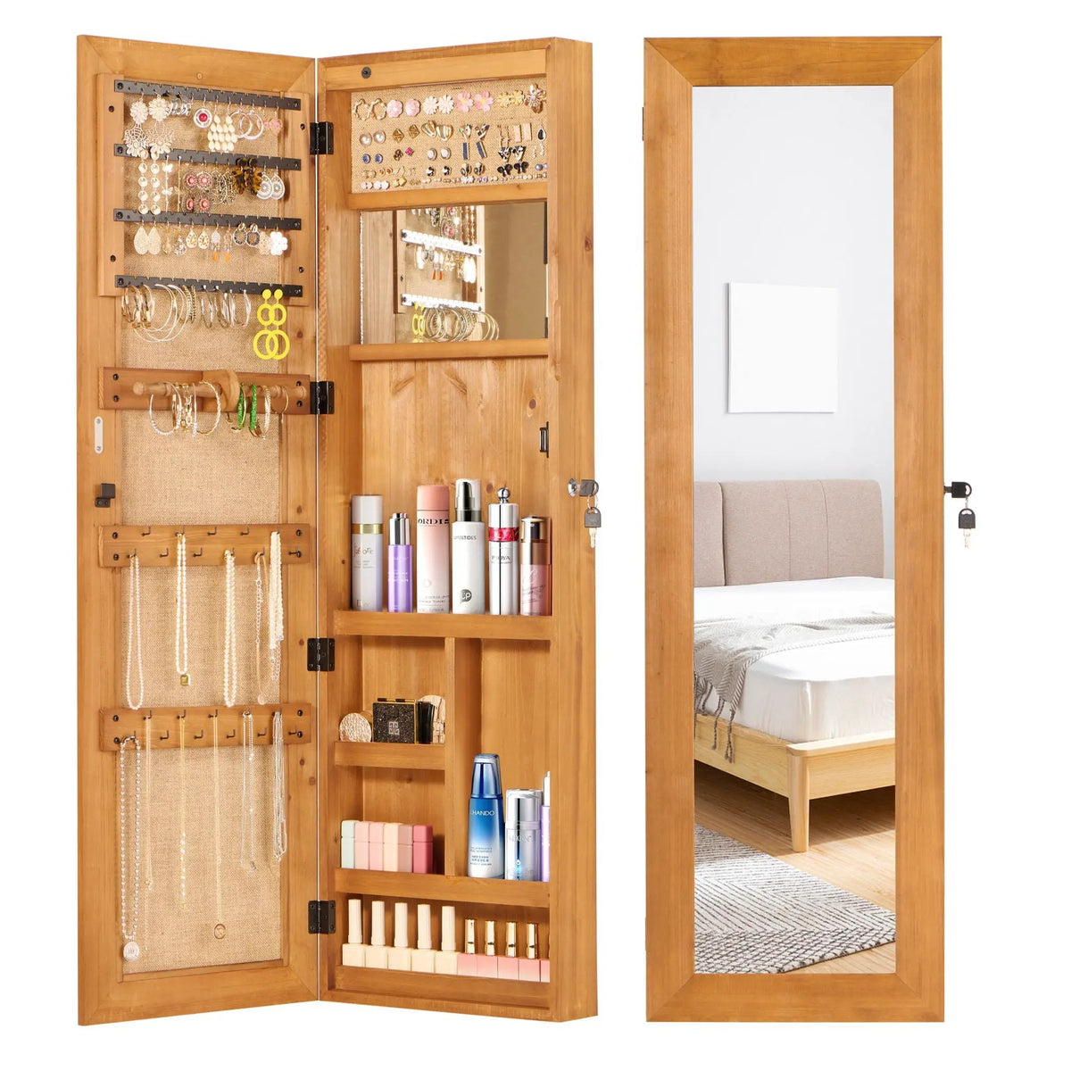 Jewelry Armoire With Full Length Mirror | Lockable Wall Mounted Cabinet | LED Light | Over The Door Use